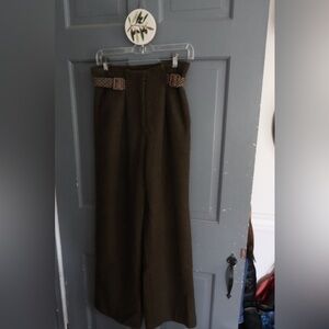 Dark Olive High-Waisted Pants with Patterned Belt